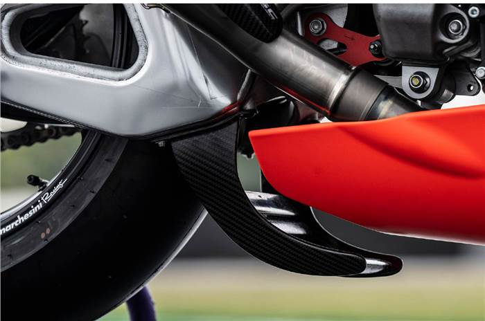 The MotoGP-derived 'spoon' aerodynamic aid on the RSV4 XTrenta.